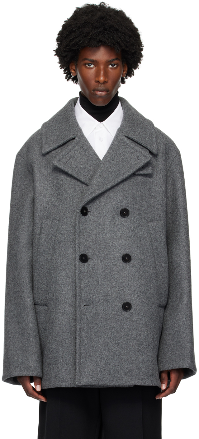 Shop Jil Sander Gray Double-breasted Peacoat In 034 Pebble