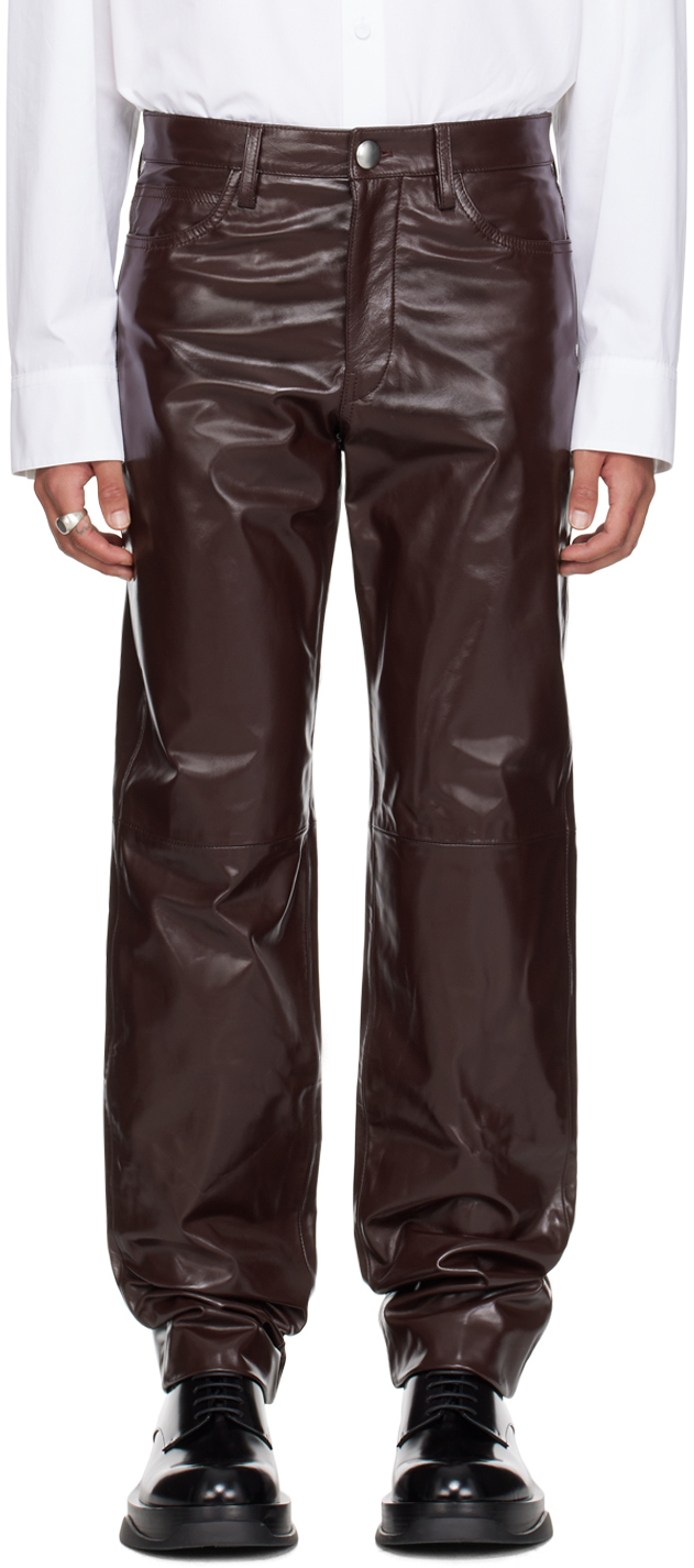 Shop Jil Sander Burgundy Patent Leather Pants In 601 Chocolate Plum