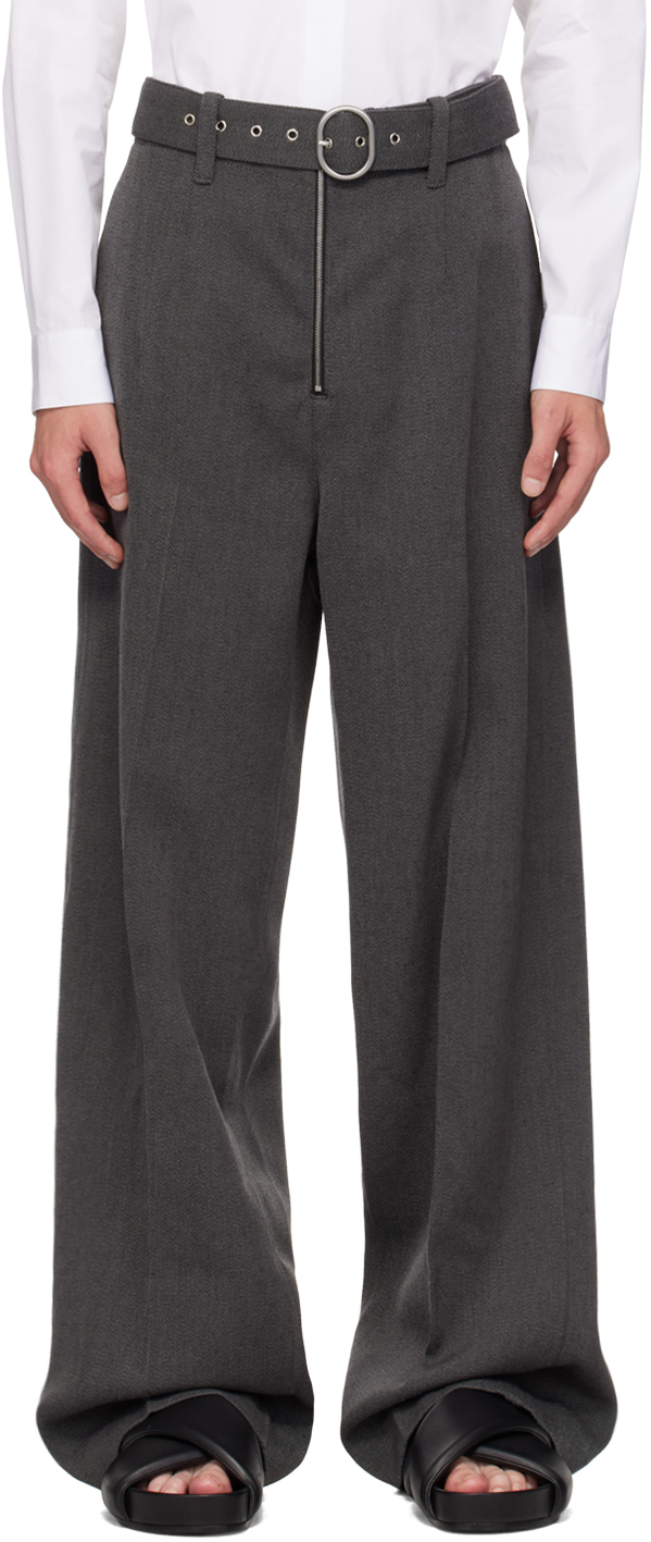 Jil Sander Grey Belted Wool Trousers In 036 Antracite