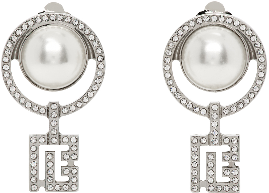 Silver Pearl Art Deco Rhinestones Earrings