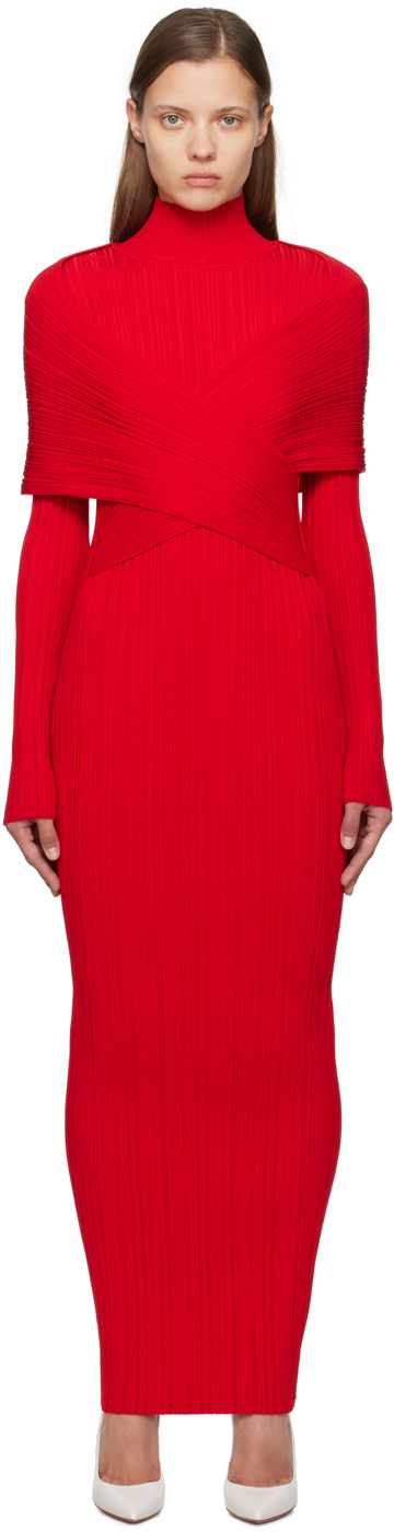 Shop Balmain Red Pleated Knit Maxi Dress In 3cf Rouge