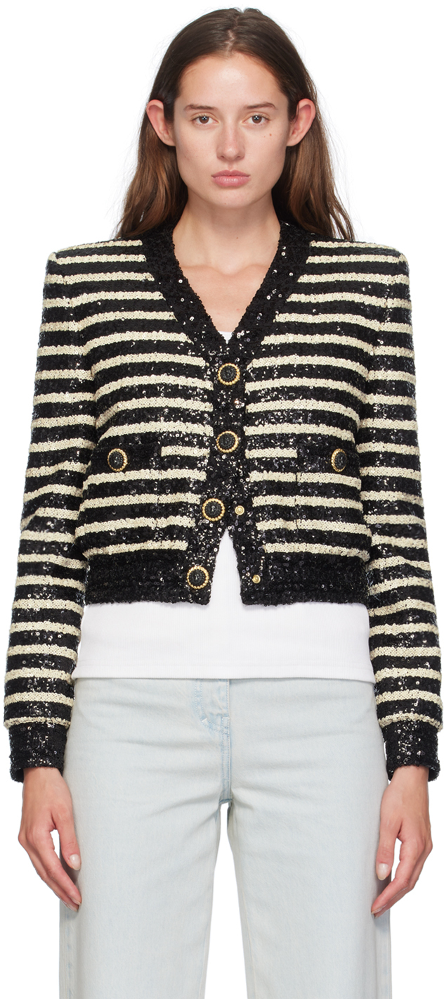 Shop Balmain Black & White Short Striped Sequin Jacket In Eab Noir/blanc