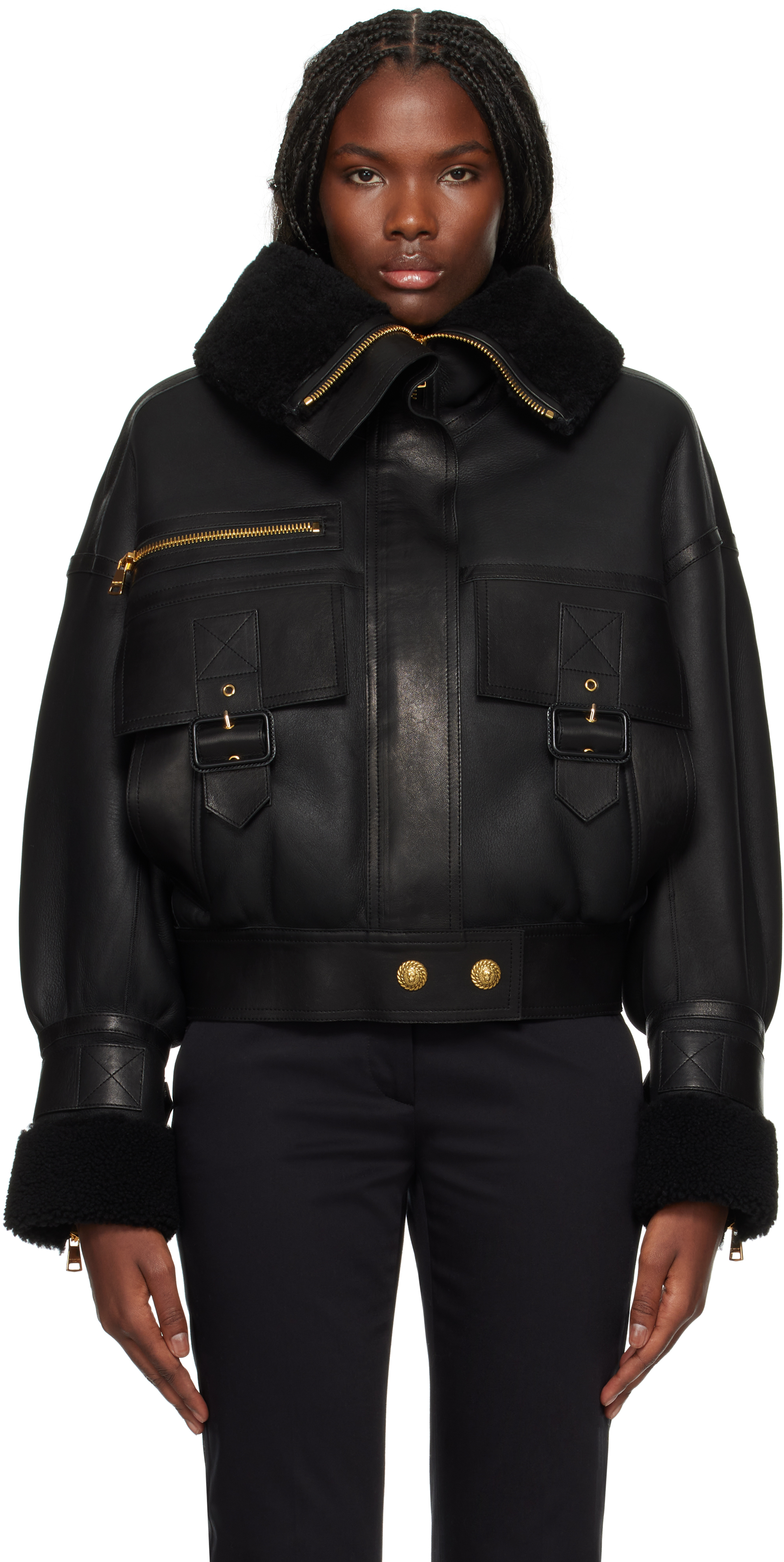 Shop Balmain Black Aviator Shearling Jacket In Eap Noir/noir