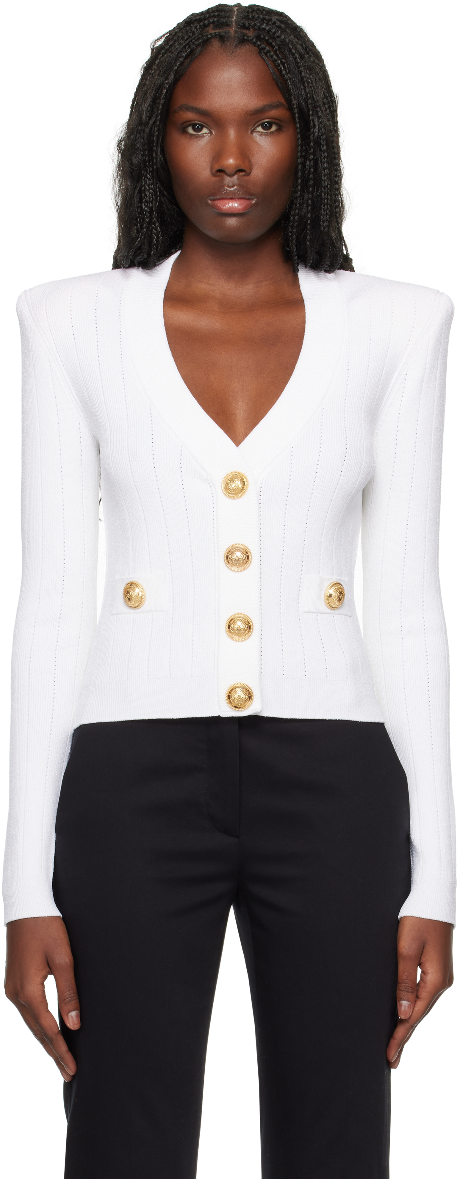 Shop Balmain White Cropped Knit Cardigan In 0fa Blanc