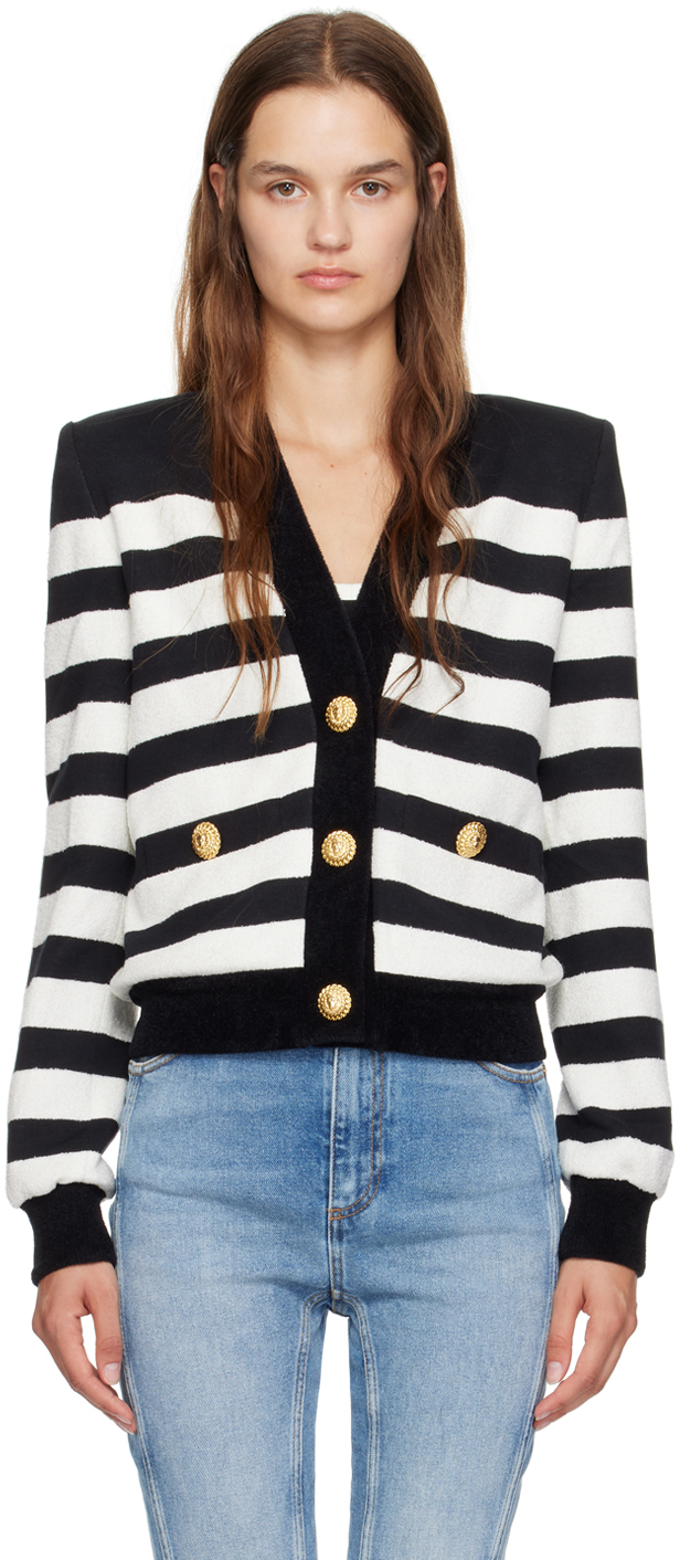 Balmain Striped Cotton Blend Jersey Cardigan In Eab Noir/blanc