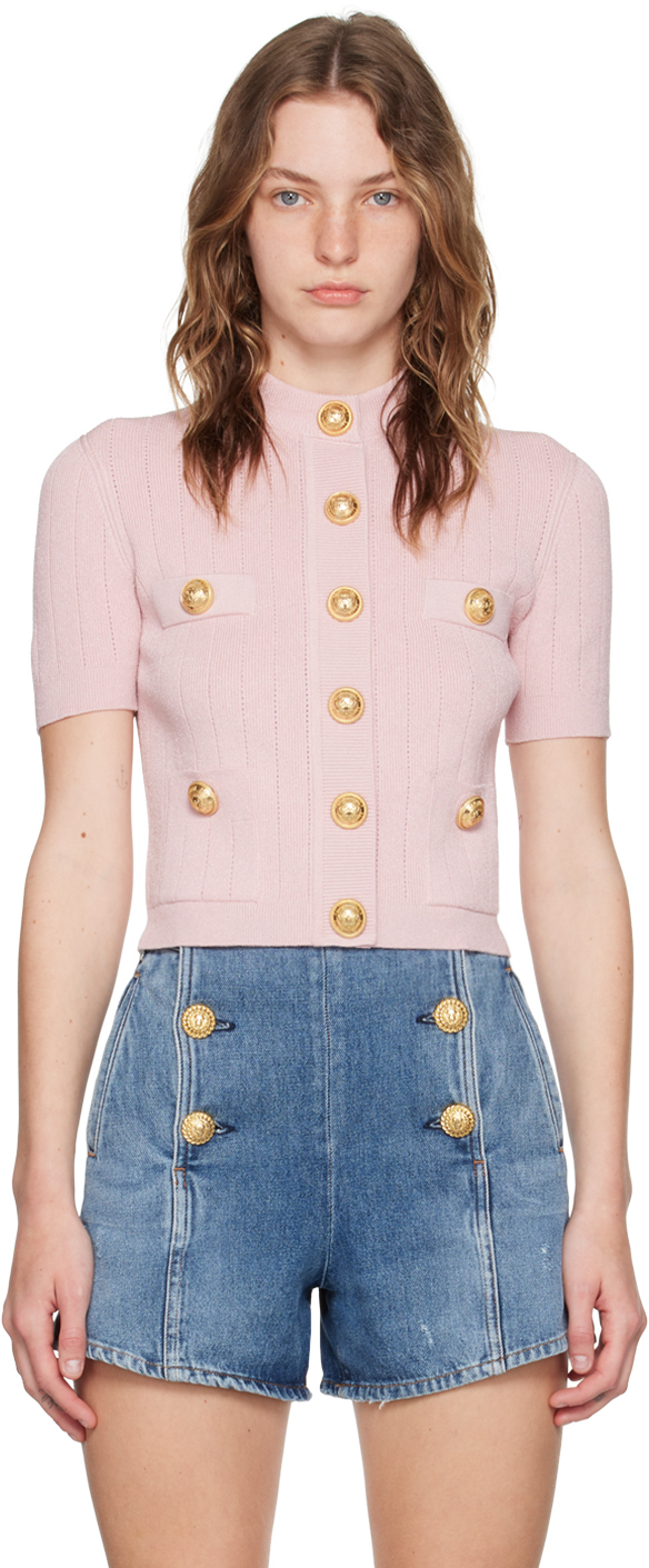 Shop Balmain Pink Press-stud Cardigan In 4co Rose Clair