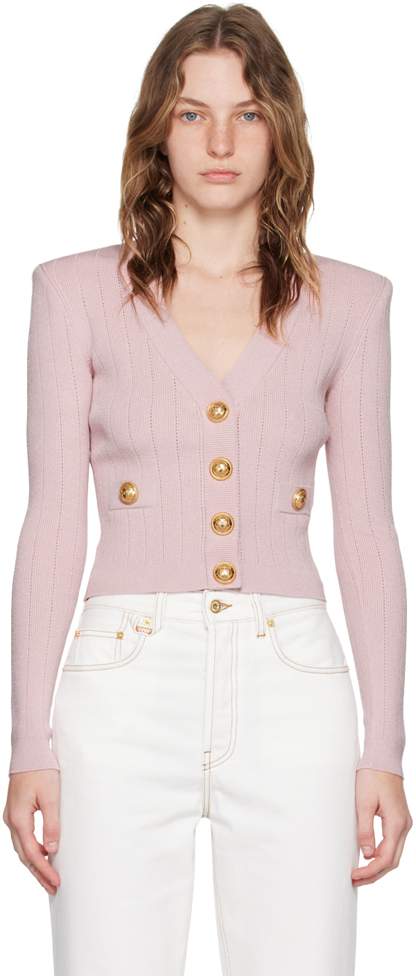 Shop Balmain Pink Cropped Cardigan In 4co Rose Clair