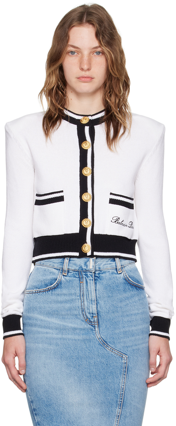 Shop Balmain White & Black ' Signature' Cardigan In Gab Blanc/noir