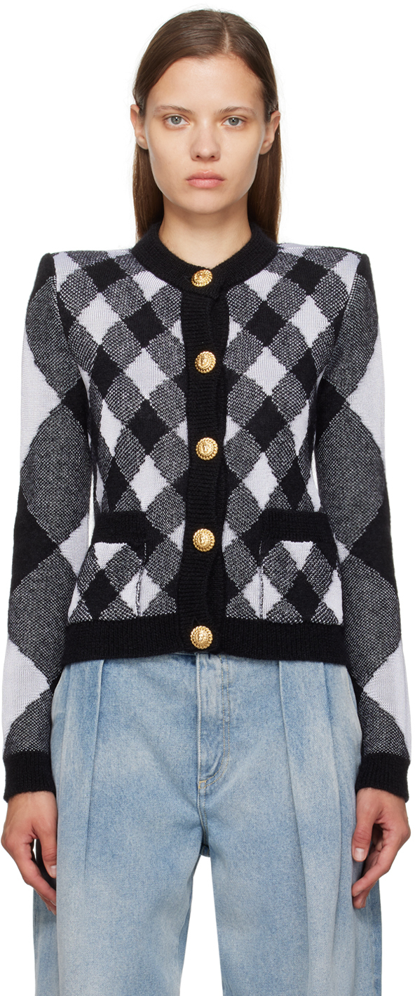 Shop Balmain White & Black Check Cardigan In Eab Noir/blanc