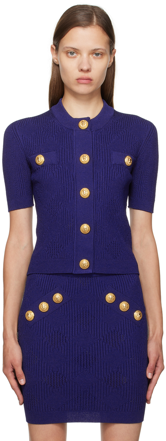 Shop Balmain Blue Vichy Knit Cardigan In 6bo Bleu Nuit