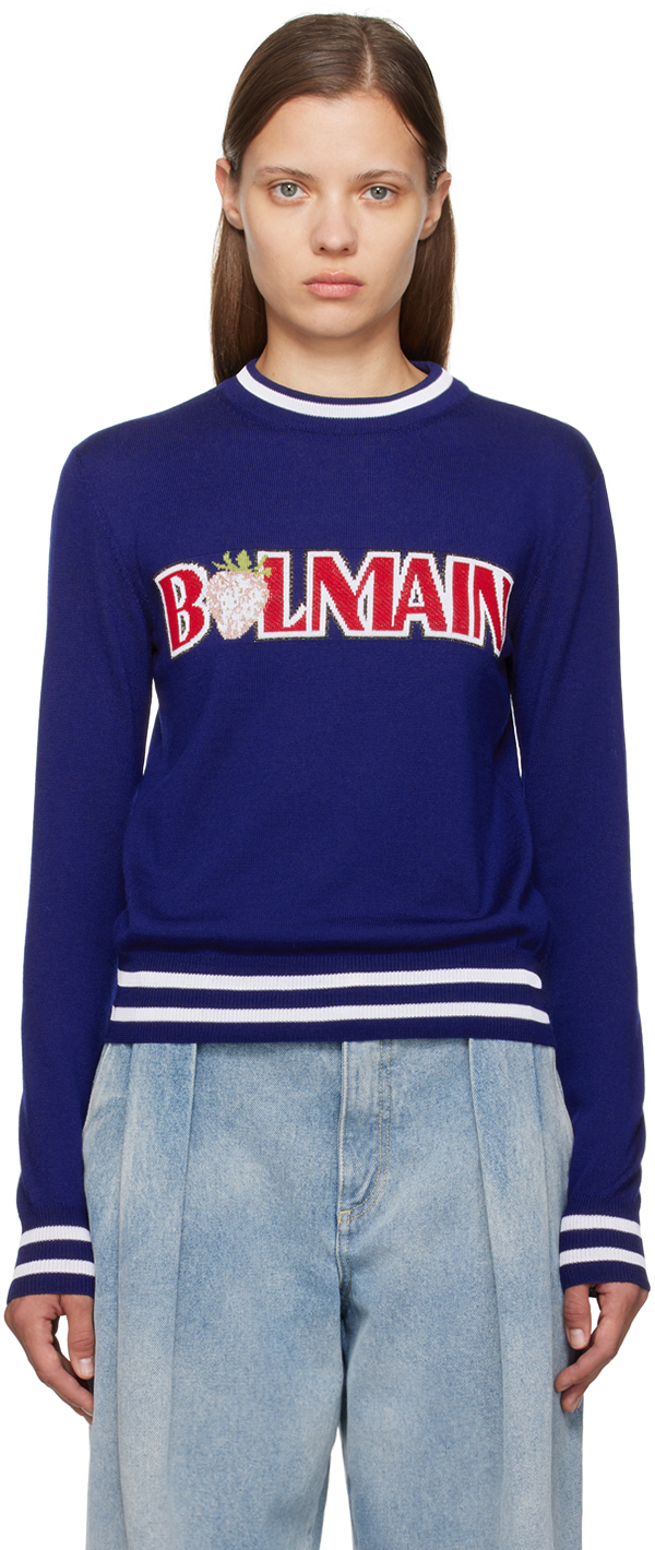 Shop Balmain Blue Strawberry Sweater In Smp Bleu Nuit/multic