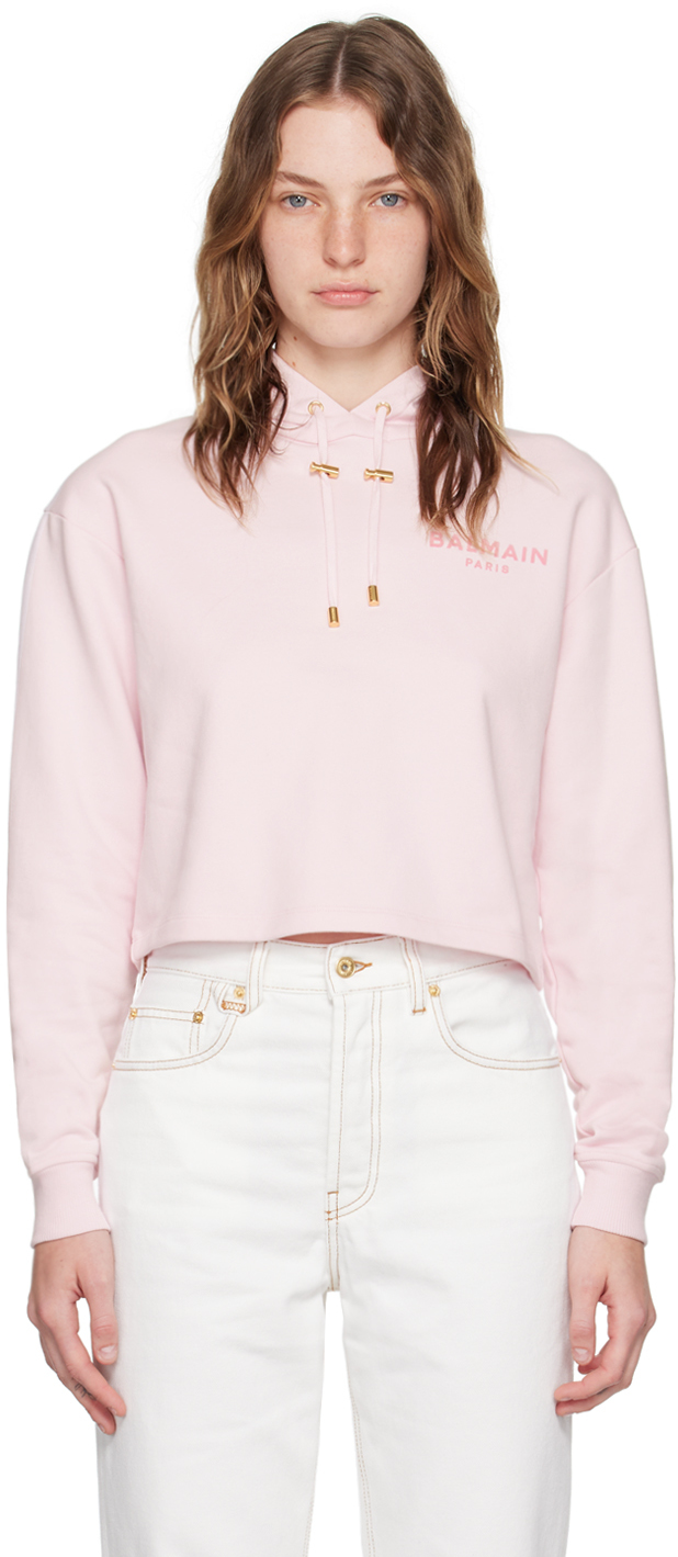 Pink 'Balmain Paris' Flocked Hoodie