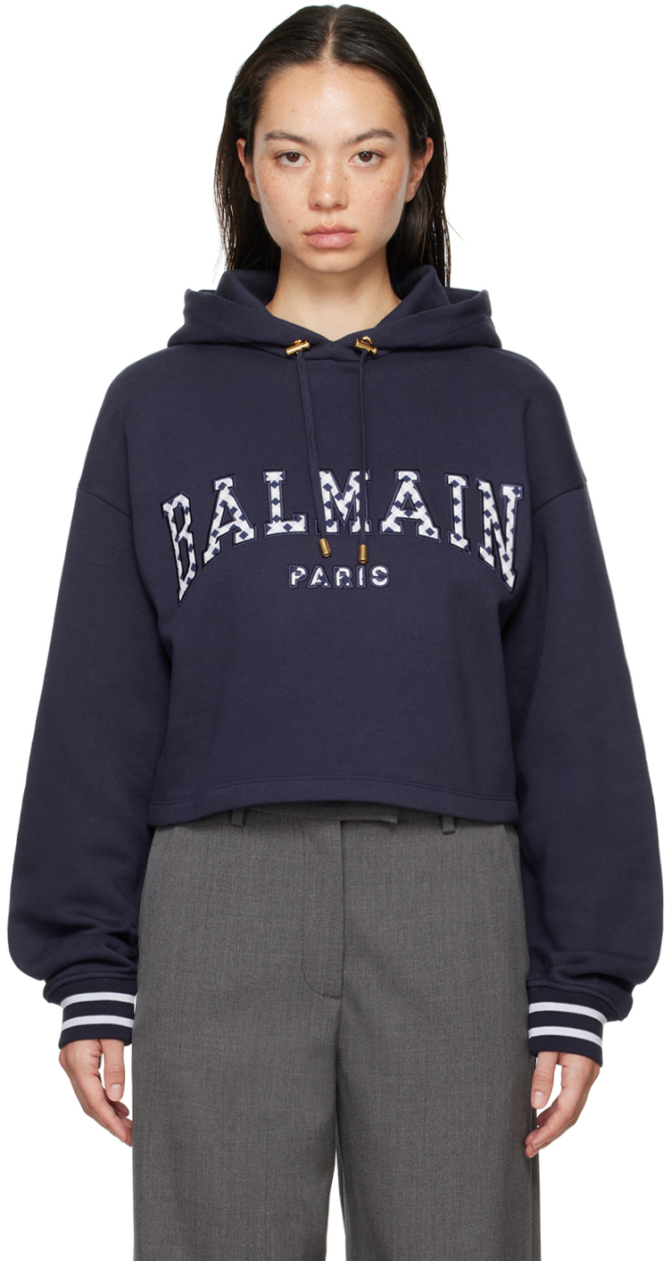 Navy Vichy Detail Cropped Hoodie