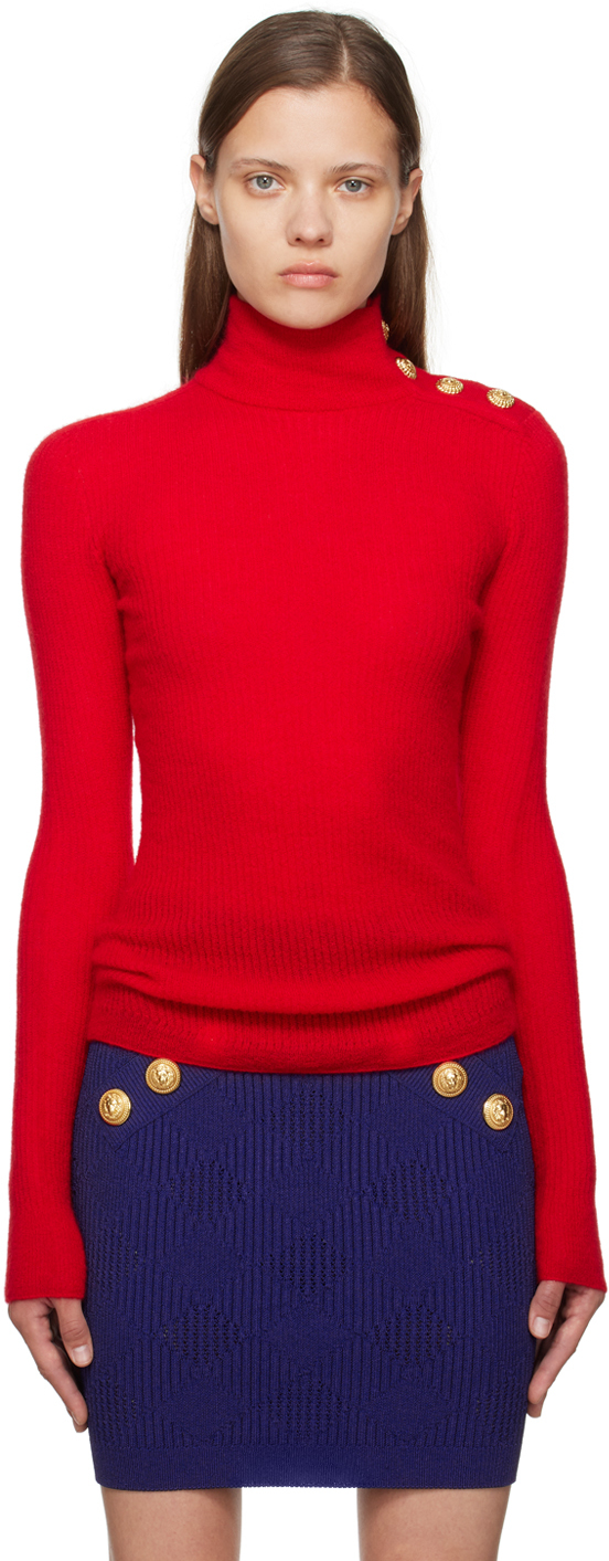 Shop Balmain Red Buttoned Turtleneck In 3cf Rouge