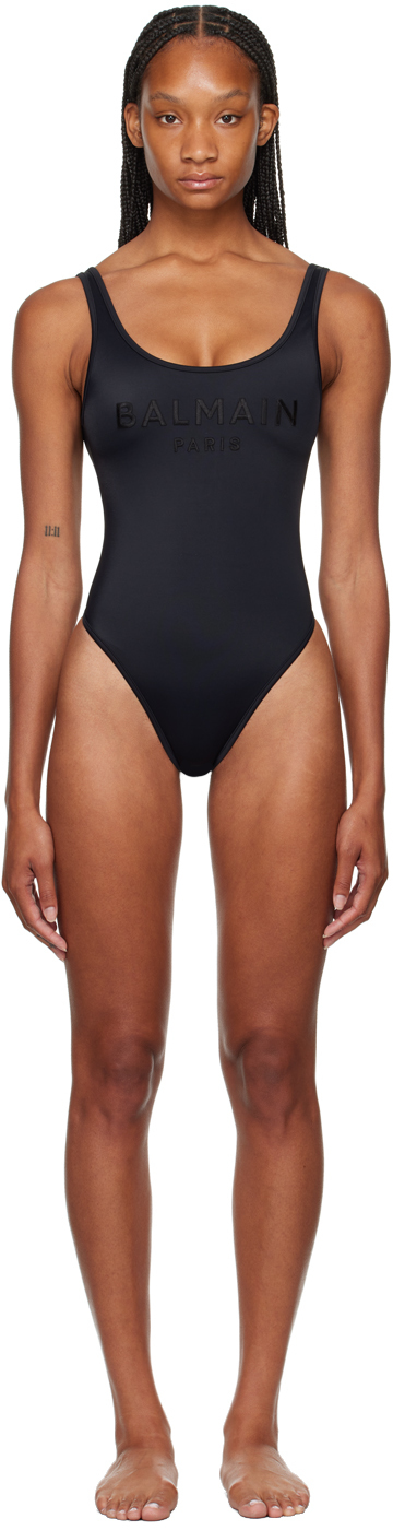 Shop Balmain Black Logo Swimsuit In 001 Black