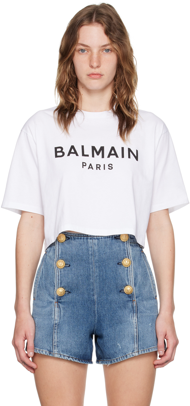White 'Balmain Paris' Cropped T-Shirt