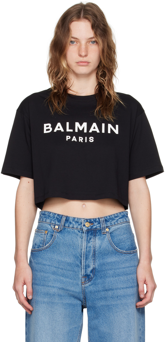Black 'Balmain Paris' Cropped T-Shirt
