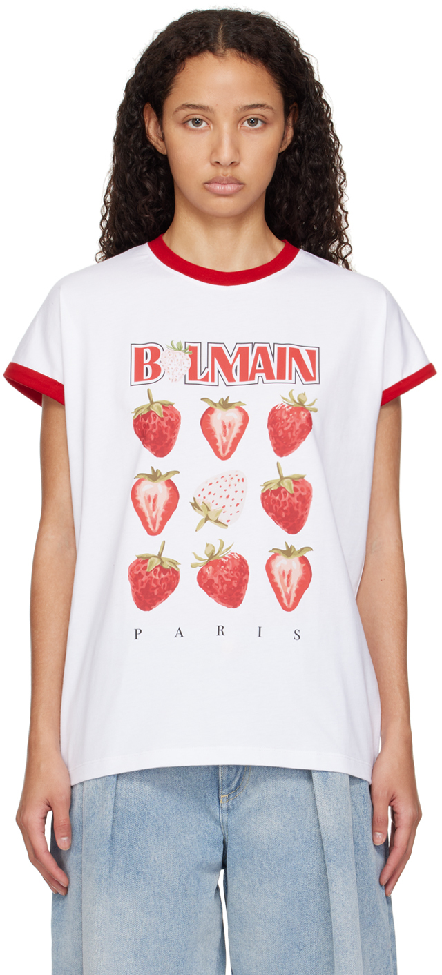 White Two-Tone 'Balmain' Strawberry Print T-shirt