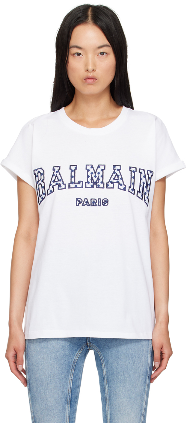 White Gingham Balmain Paris Lettering T-Shirt by Balmain on Sale