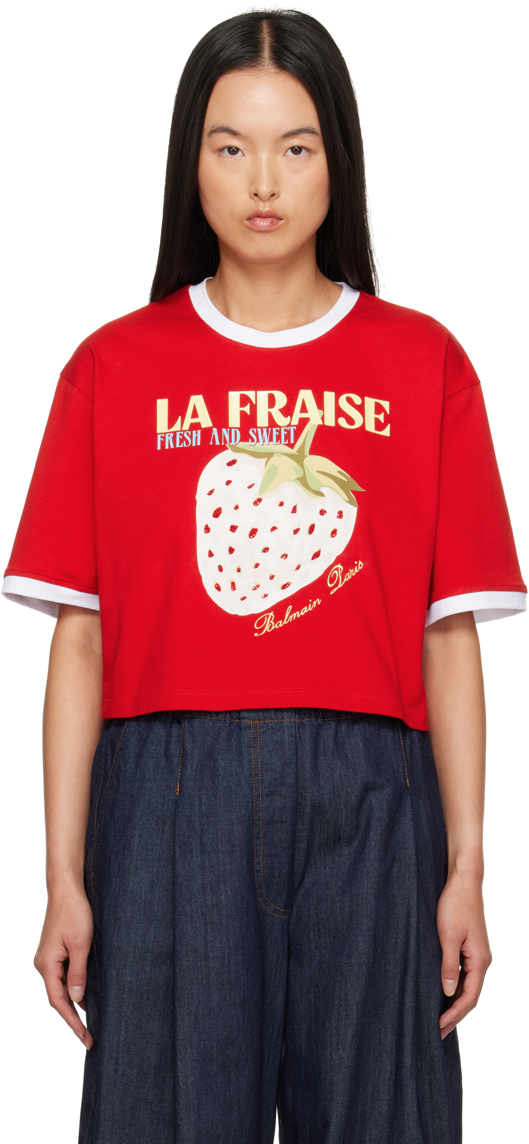 Red Cropped Strawberry Print T-shirt