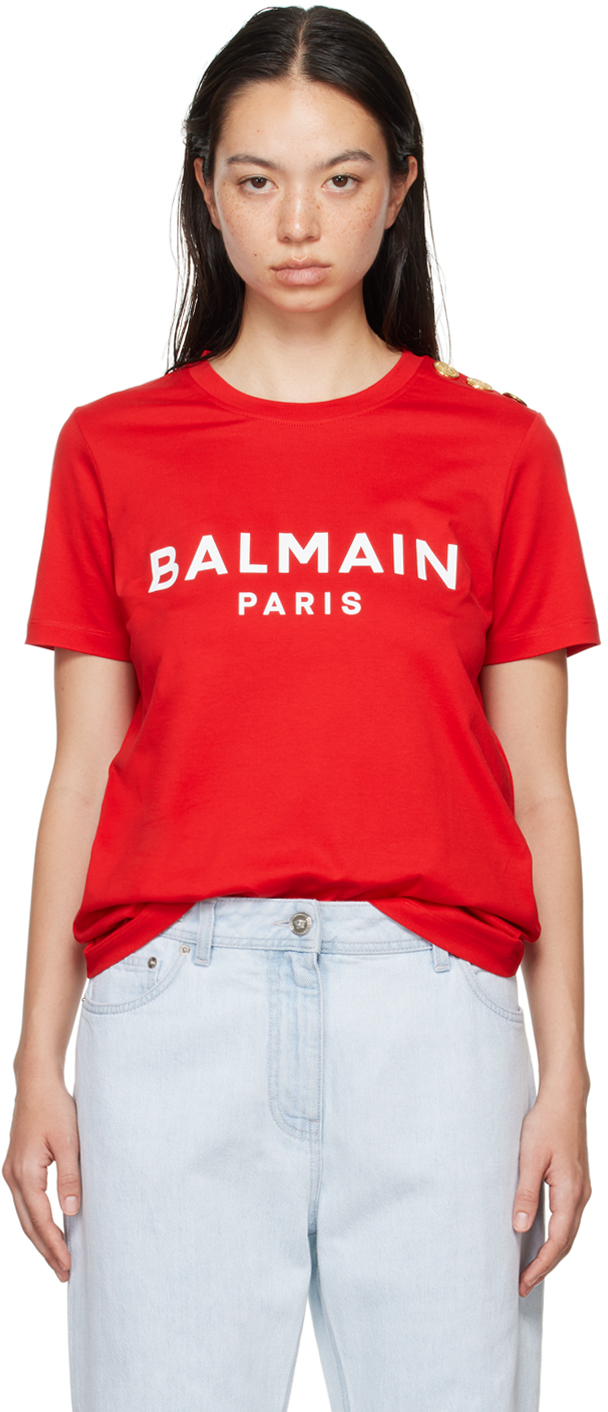 Red Balmain Paris T shirt by Balmain on Sale