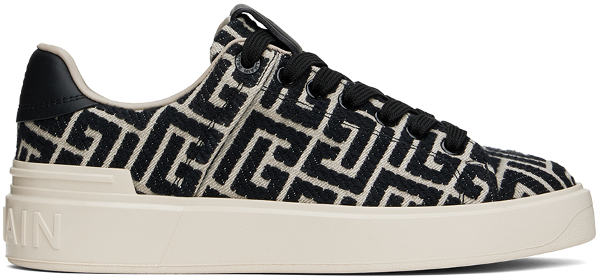 Shop Balmain Black & Off-white B-court Monogram Sneakers In Gfe Ivoire/noir