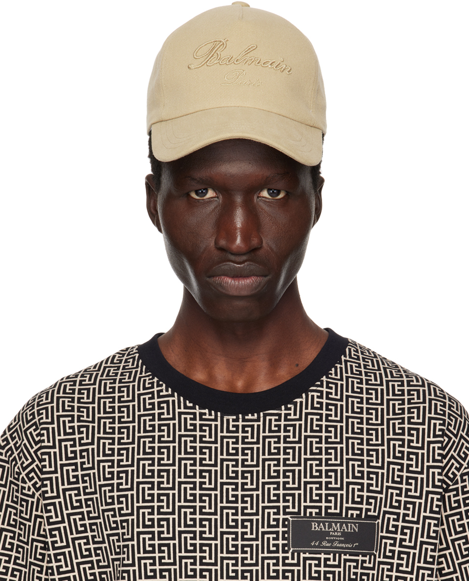 Beige Signature Embroidery Cap by Balmain on Sale