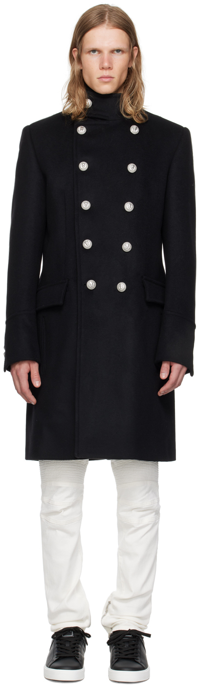 Shop Balmain Black Double-breasted Coat In 0pa Noir