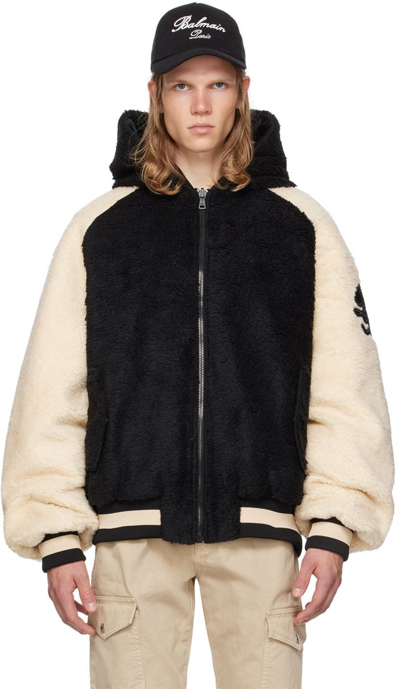 Shop Balmain Black & Off-white Varsity-style Reversible Jacket In Edk Noir/ivoire