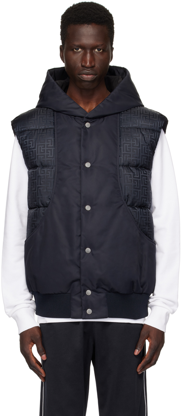 Balmain Monogram Printed Hooded Vest In Sha Bleu Marine/noi