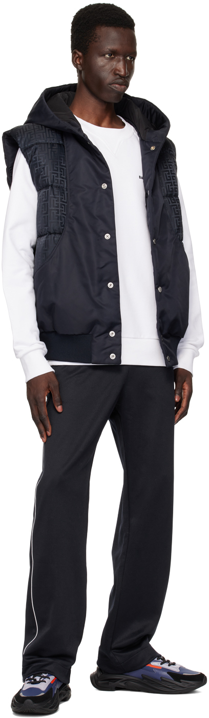 Balmain Monogram Printed Hooded Vest In Sha Bleu Marine/noi