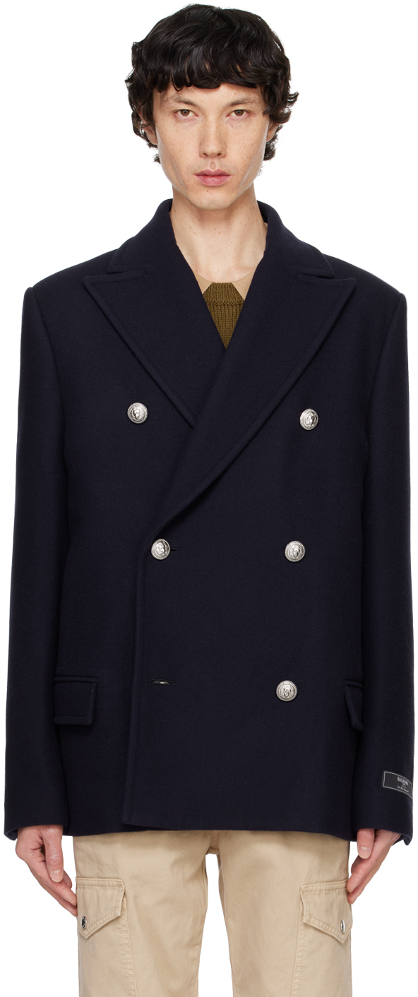 BALMAIN NAVY SHORT FELTED VIRGIN WOOL PEACOAT