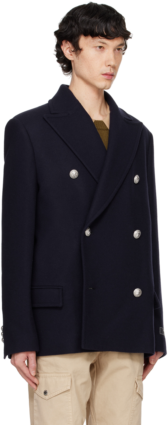 BALMAIN NAVY SHORT FELTED VIRGIN WOOL PEACOAT