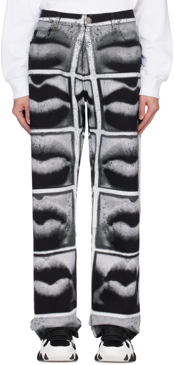 Shop Balmain Black & White Lips Print Loose Jeans In Eab Noir/blanc