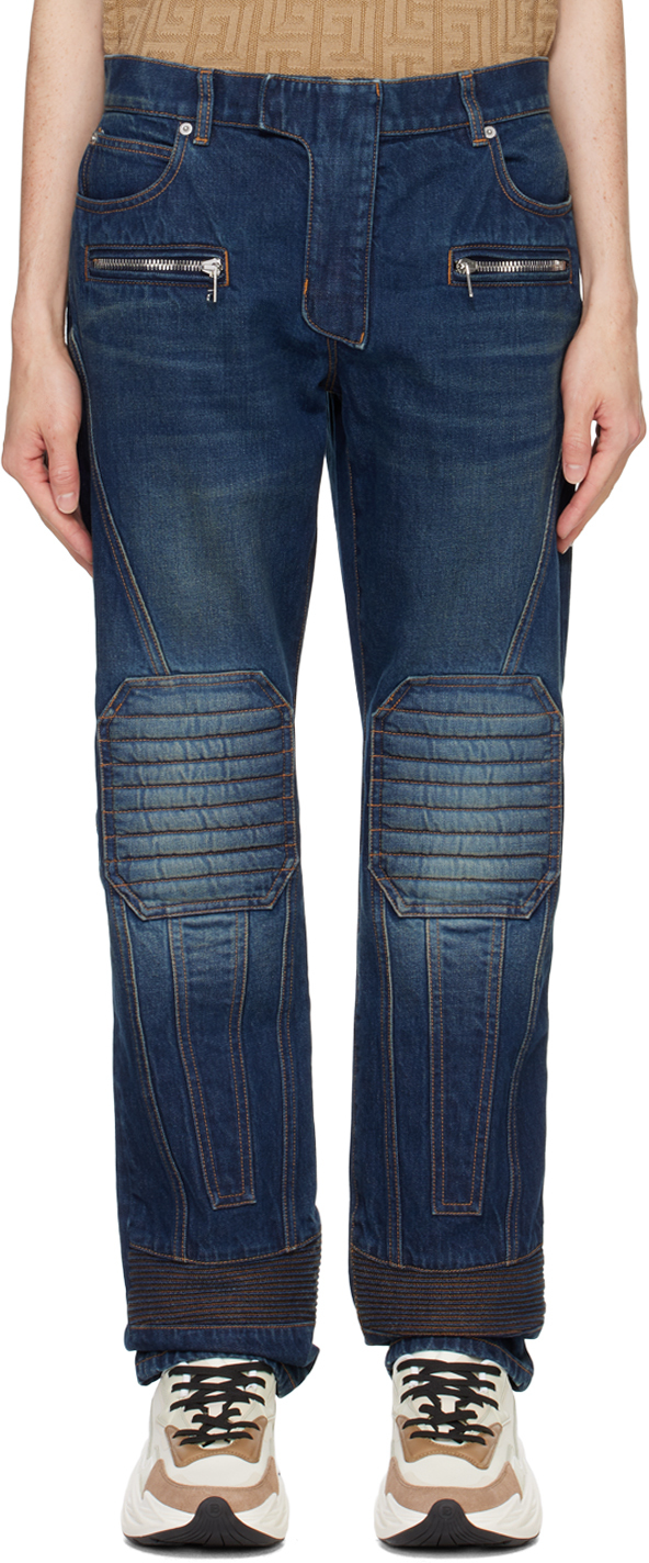 Navy Straight-Leg Biker Jeans