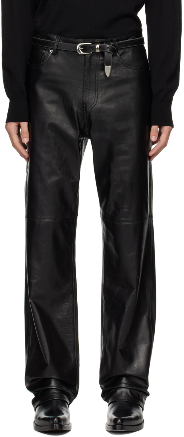 Black Straight-Leg Leather Pants