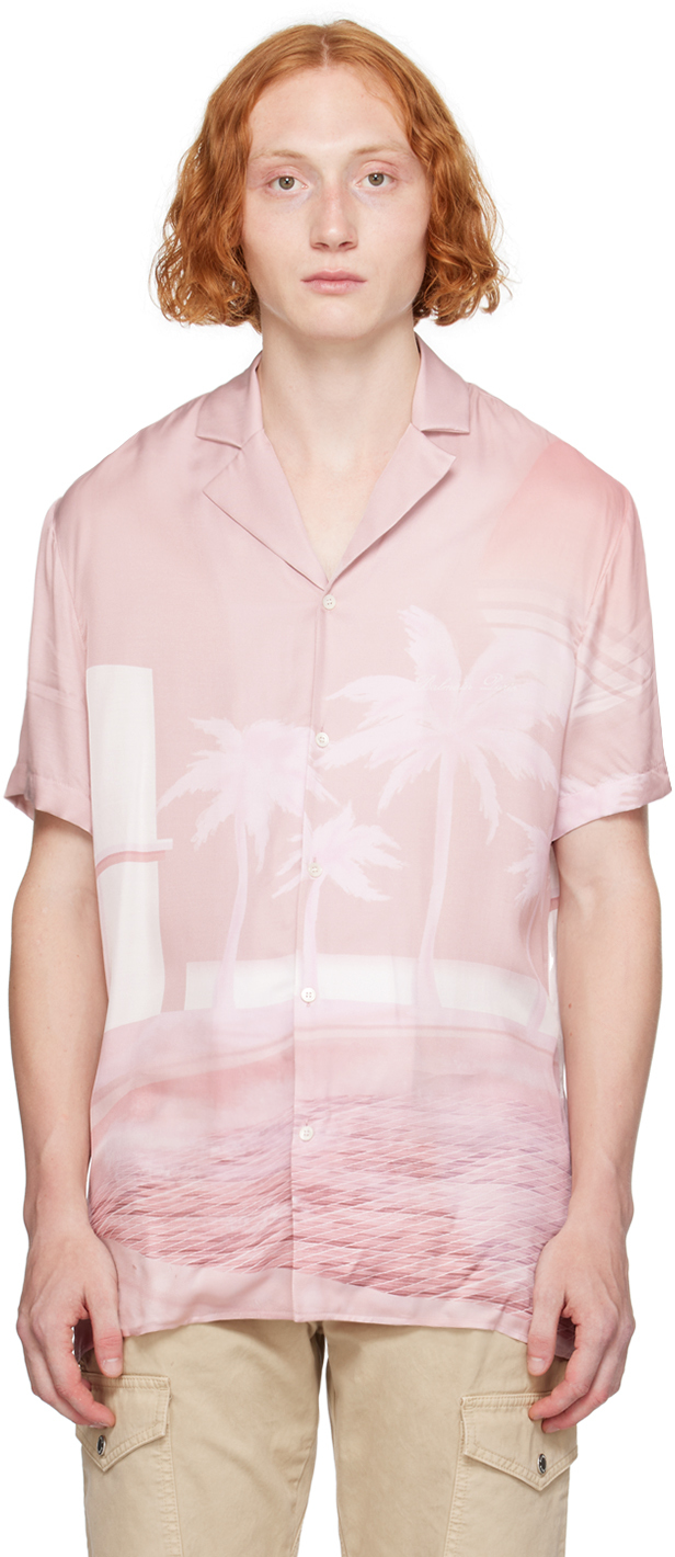 Shop Balmain Pink Postcard Print Shirt In Oes Rose Clair/blan