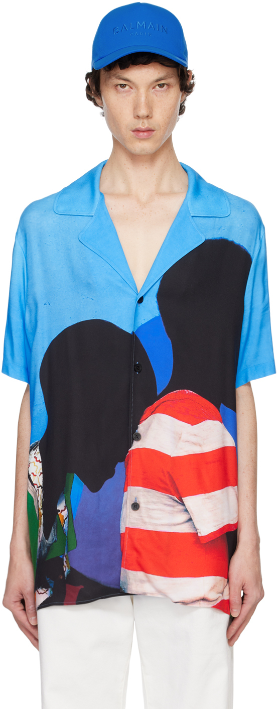 Shop Balmain Blue Twill Prince Gyasi Print Pyjama Shirt In Snq Bleu/ Multicolor