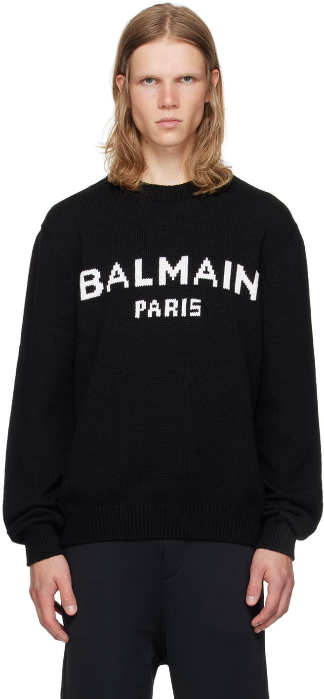 Shop Balmain Black Wool ' Paris' Sweater In Eab Noir/blanc