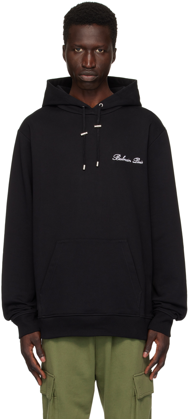 Shop Balmain Black ' Signature' Hoodie In Eab Noir/blanc