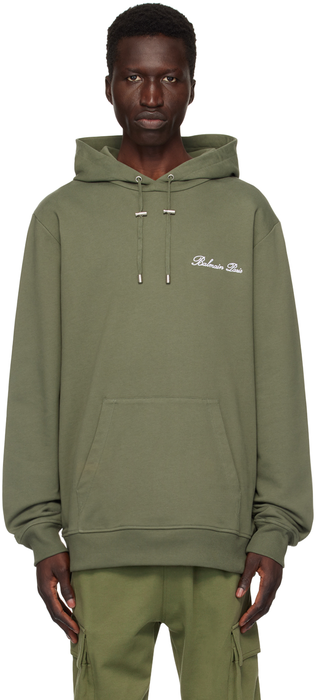 Shop Balmain Khaki ' Signature' Hoodie In Ukb Kaki Clair/blan