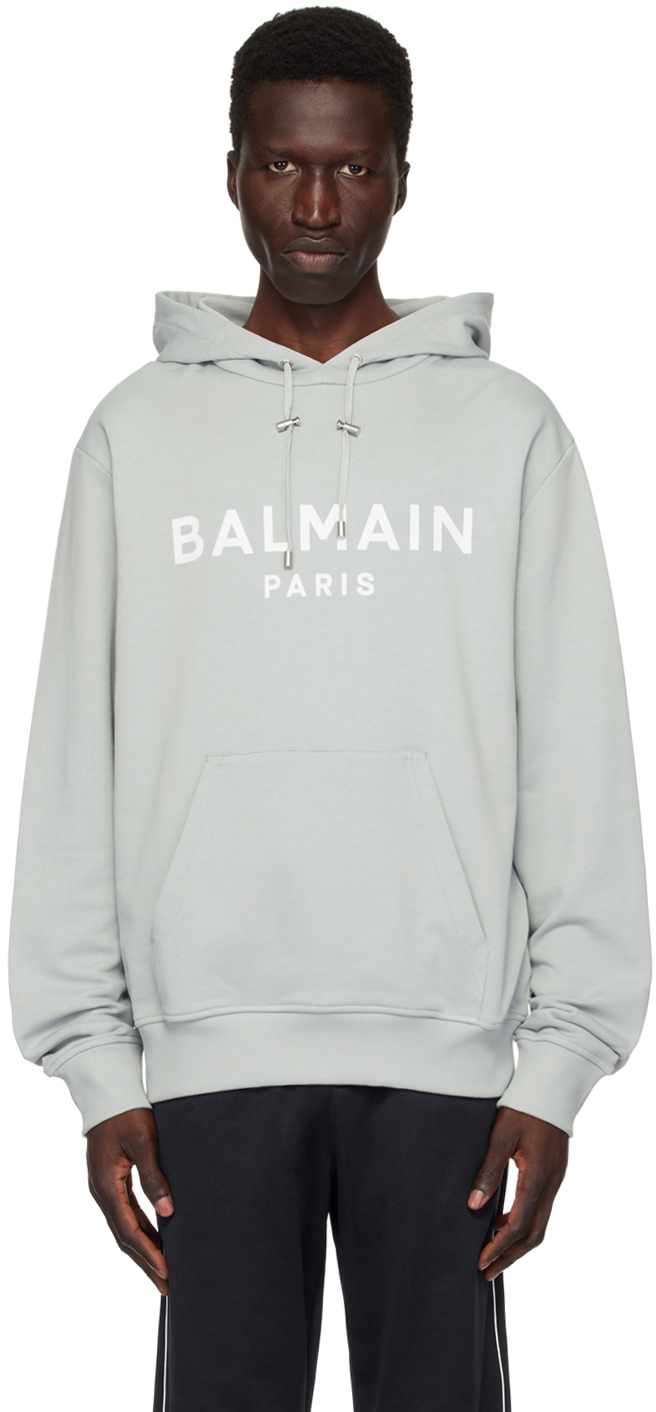 Gray Printed Balmain Paris Hoodie