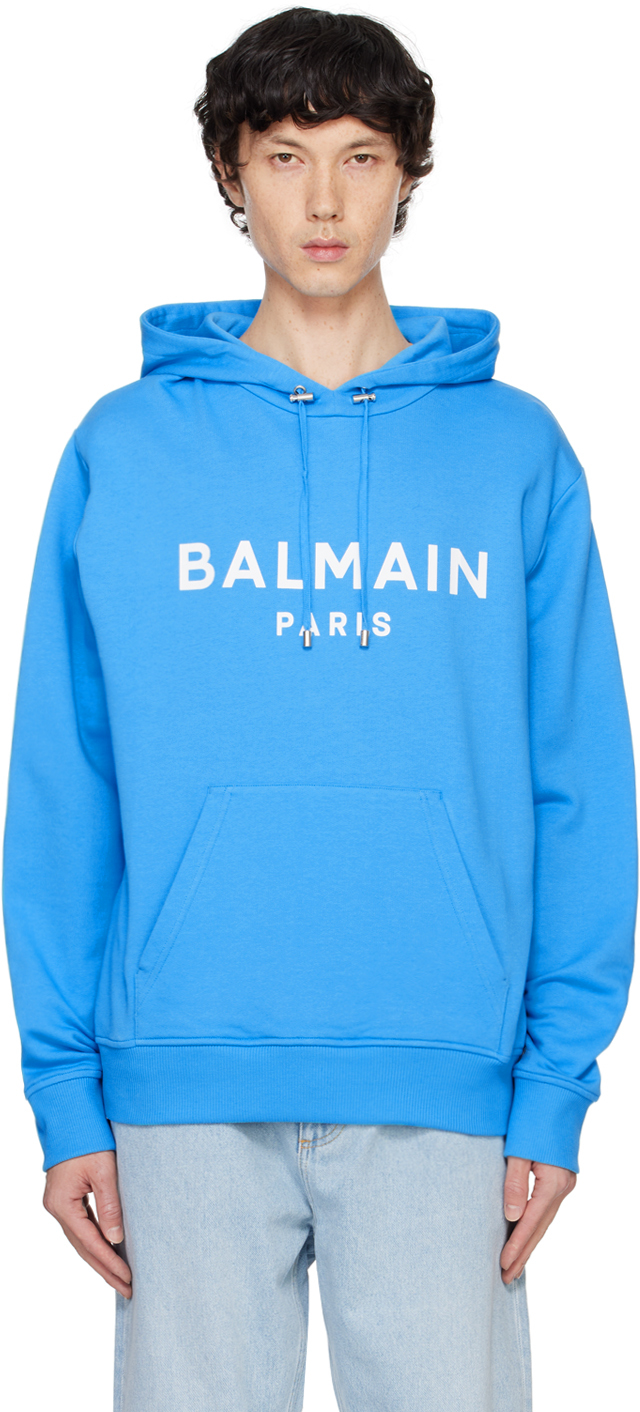 Blue Printed 'Balmain Paris' Hoodie