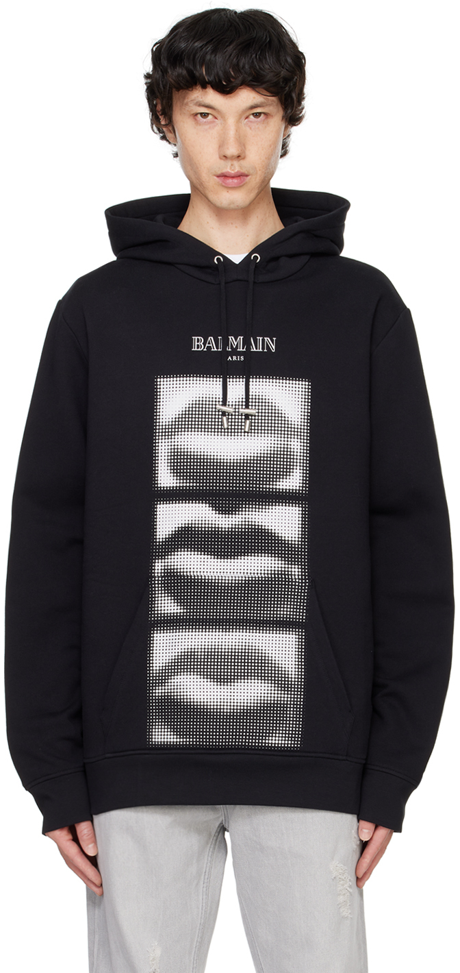 Shop Balmain Black Vintage ' Lips' Print Hoodie In Eab Noir/blanc