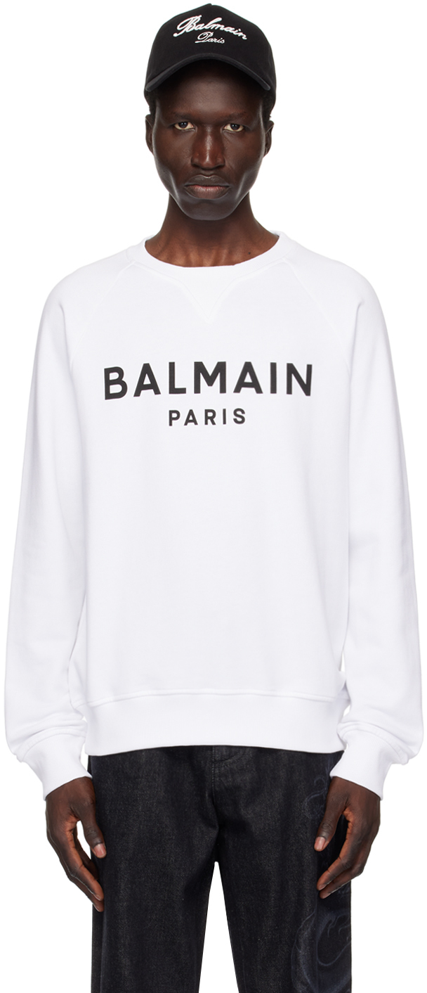 Shop Balmain White ' Paris' Printed Sweatshirt In Gab Blanc/noir