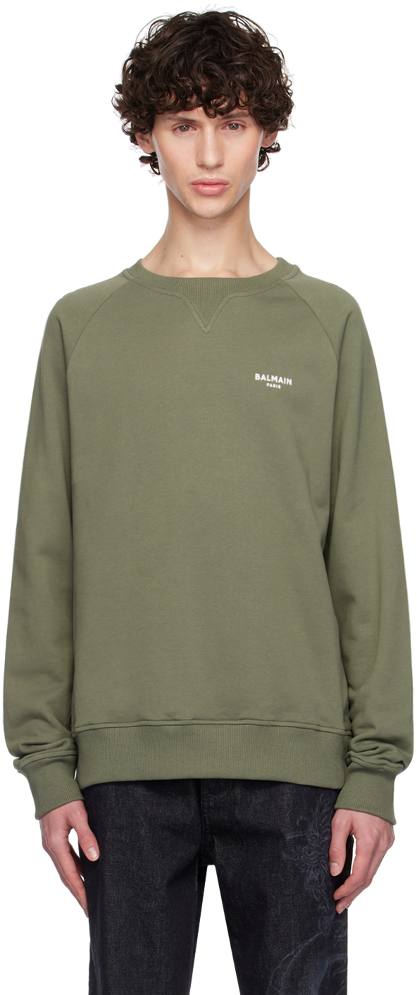 Shop Balmain Khaki Flocked Logo Sweatshirt In Ukc Kaki Clair/ Nat