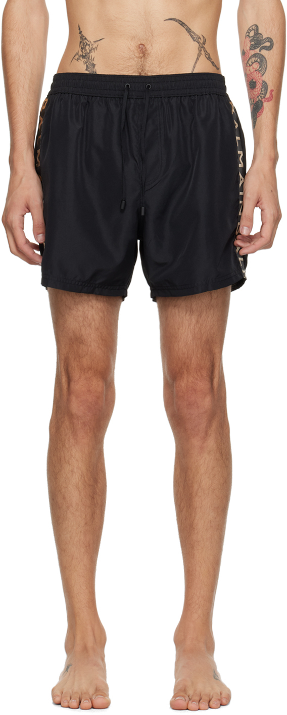 Shop Balmain Black Jacquard Logo Swim Shorts In 001 Black