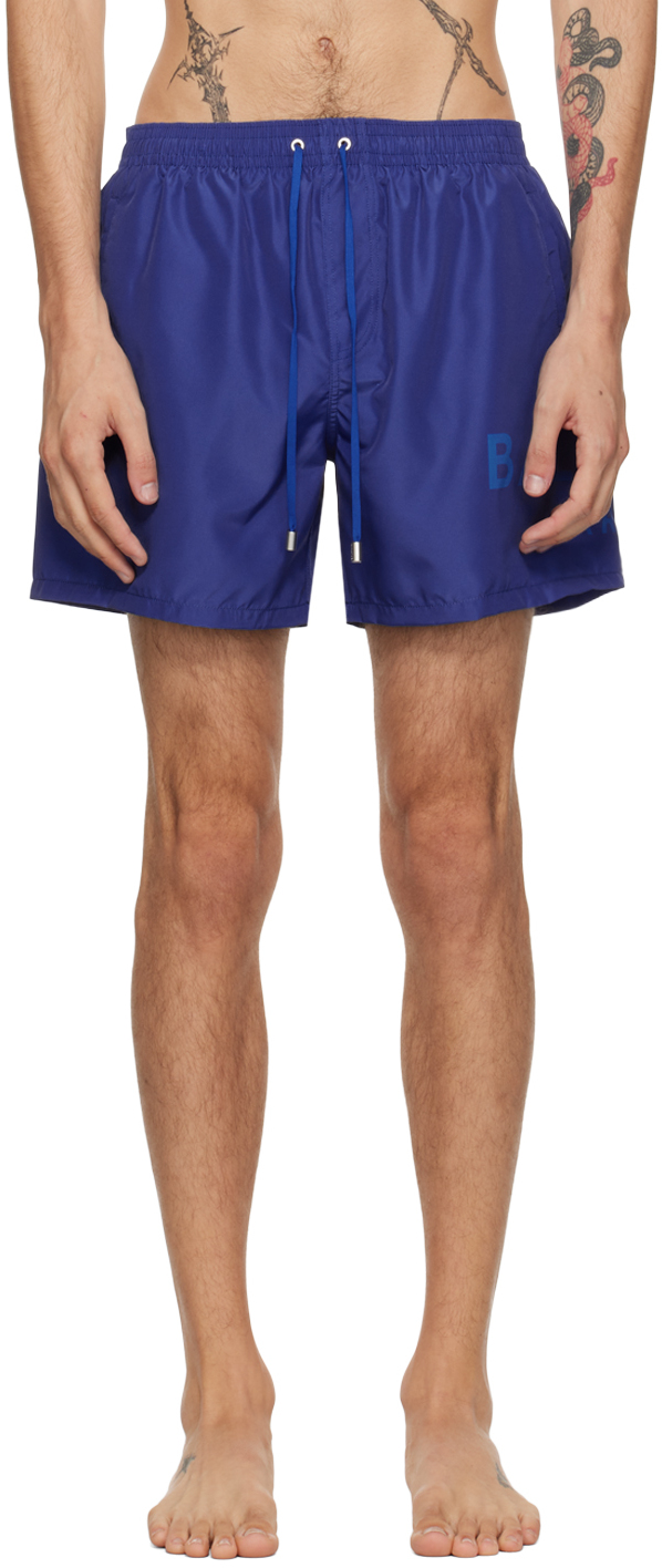 Shop Balmain Blue Printed Swim Shorts In 424 Bluette