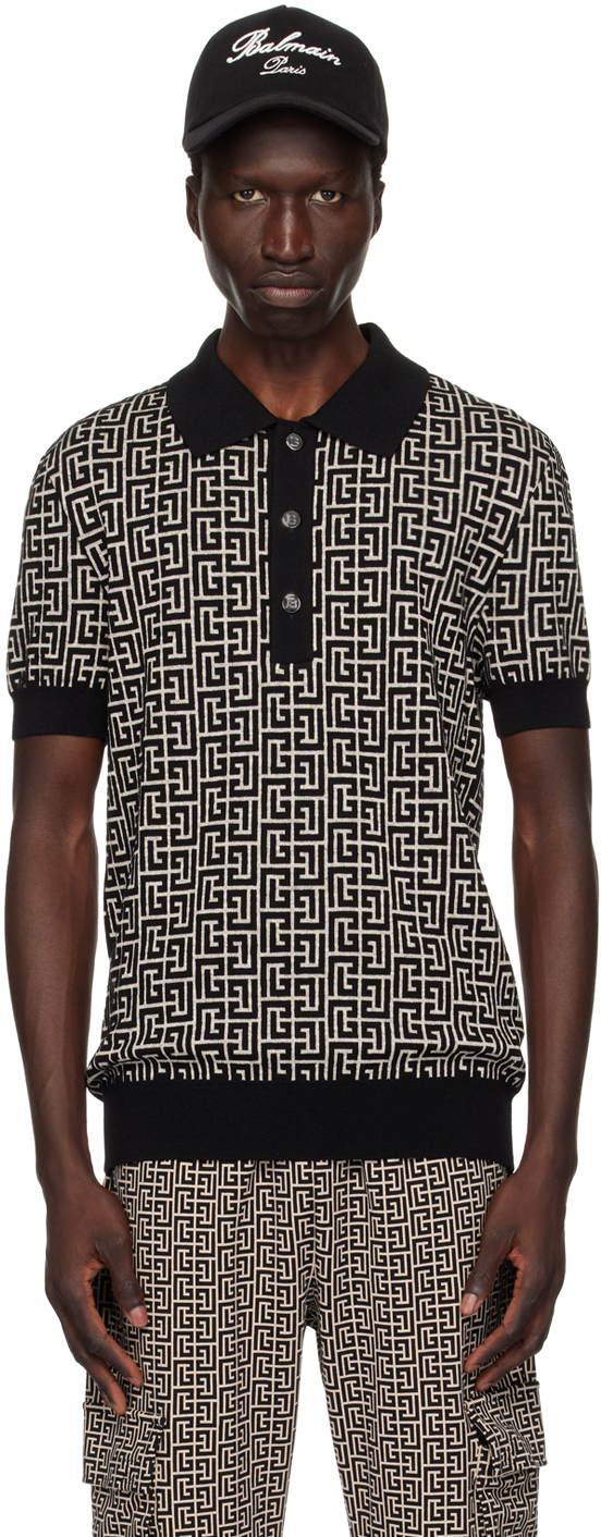 Shop Balmain Black & Off-white Monogrammed Polo In Gfe Ivoire/noir