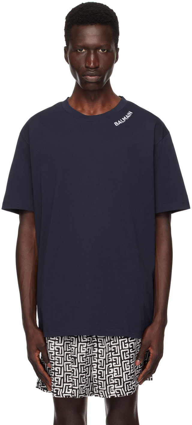 Shop Balmain Navy '' Embroidered T-shirt In Siv Marine/blanc